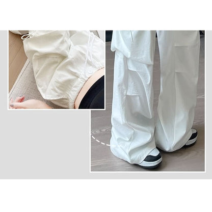 Bow Accent High Waist Plain Wide Leg Parachute Cargo