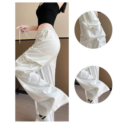 Bow Accent High Waist Plain Wide Leg Parachute Cargo