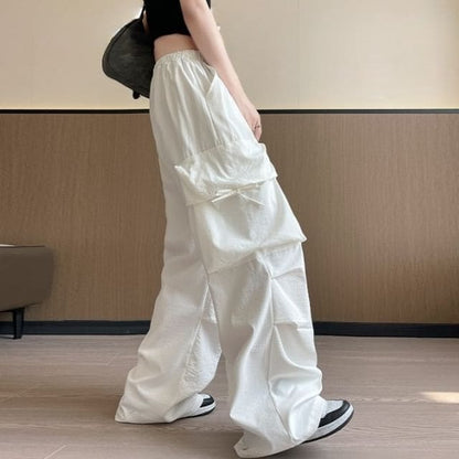 Bow Accent High Waist Plain Wide Leg Parachute Cargo