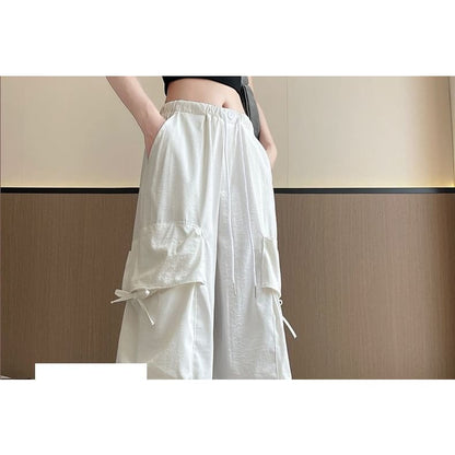 Bow Accent High Waist Plain Wide Leg Parachute Cargo