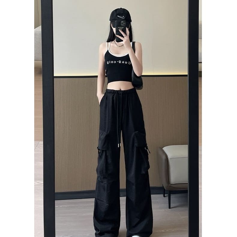 Bow Accent High Waist Plain Wide Leg Parachute Cargo