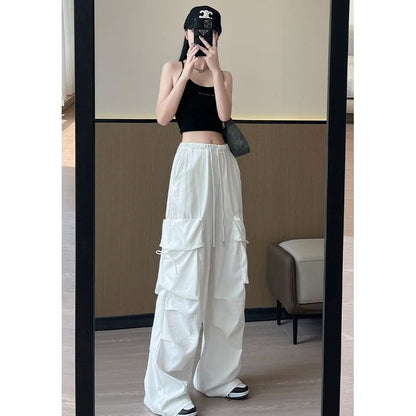 Bow Accent High Waist Plain Wide Leg Parachute Cargo