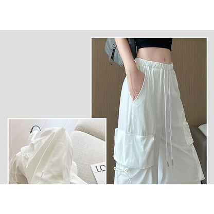 Bow Accent High Waist Plain Wide Leg Parachute Cargo