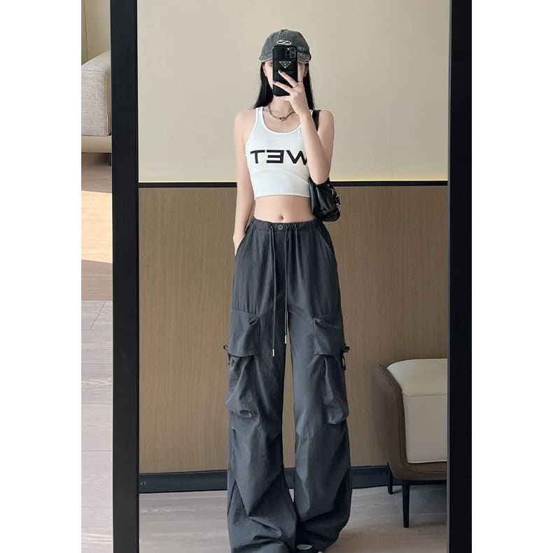 Bow Accent High Waist Plain Wide Leg Parachute Cargo