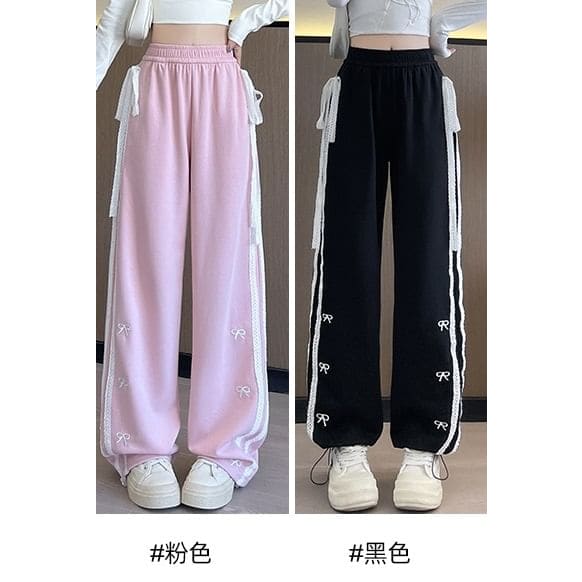 Bow Accent Lace Embroidered Mid Rise Sweatpants