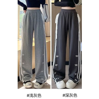 Bow Accent Lace Embroidered Mid Rise Sweatpants