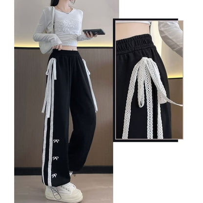 Bow Accent Lace Embroidered Mid Rise Sweatpants