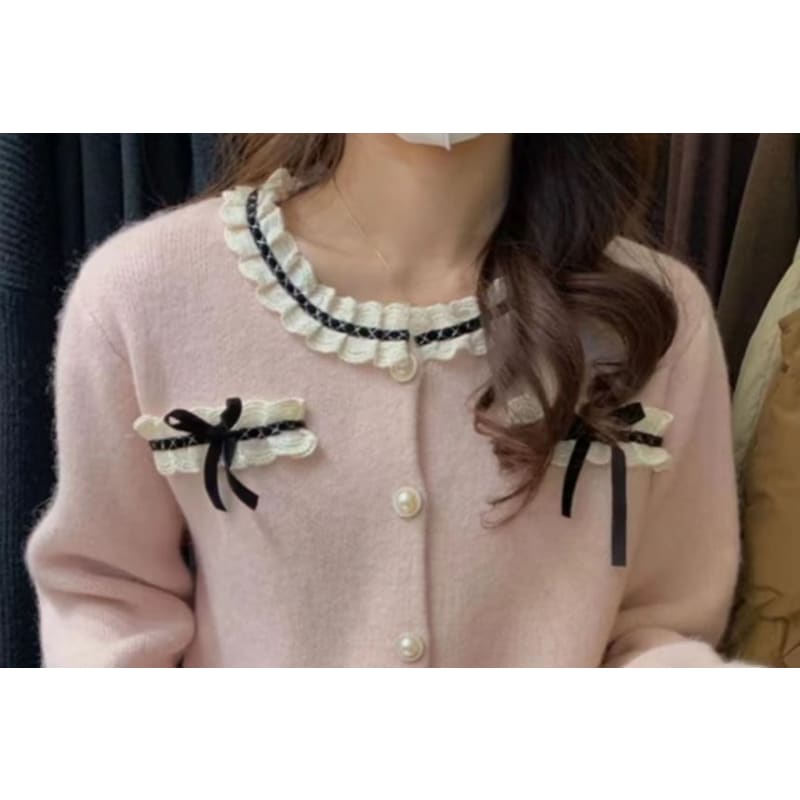 Bow-Accent Lace-Trim Crew-Neck Cardigan