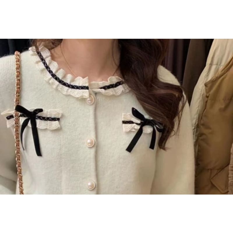 Bow-Accent Lace-Trim Crew-Neck Cardigan