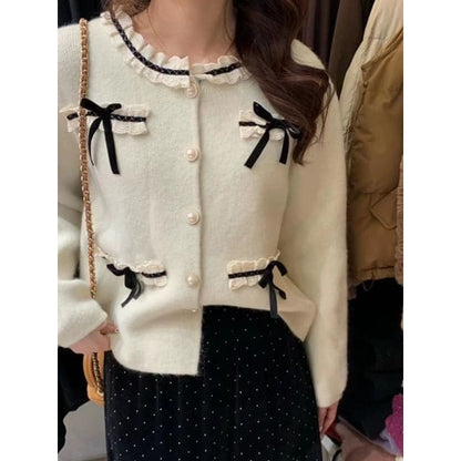 Bow-Accent Lace-Trim Crew-Neck Cardigan - Milky White