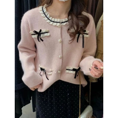 Bow-Accent Lace-Trim Crew-Neck Cardigan - Pink / One SIze