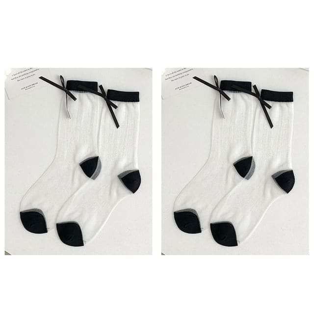 Bow Accent Mesh Socks Set - Set Of 2 Pairs - Black