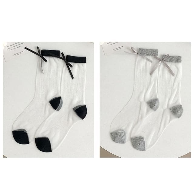 Bow Accent Mesh Socks Set - Set Of 2 Pairs - Gray & Black