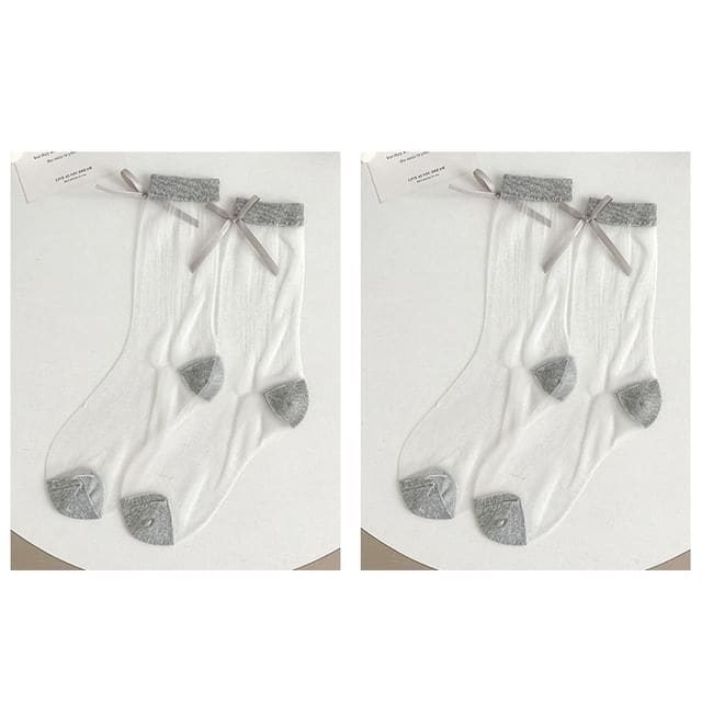 Bow Accent Mesh Socks Set - Set Of 2 Pairs - Gray / One Size