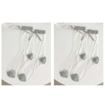 Bow Accent Mesh Socks Set - Set Of 2 Pairs - Gray / One Size