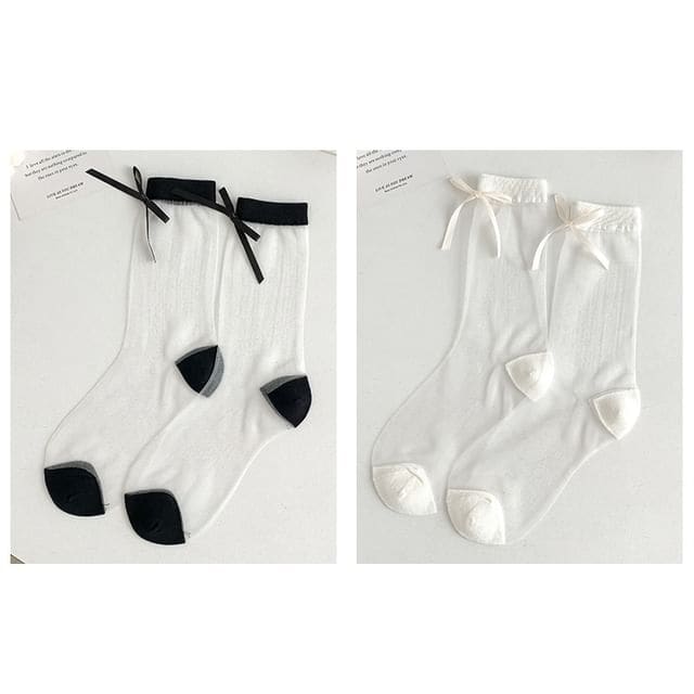 Bow Accent Mesh Socks Set - Set Of 2 Pairs - White & Black