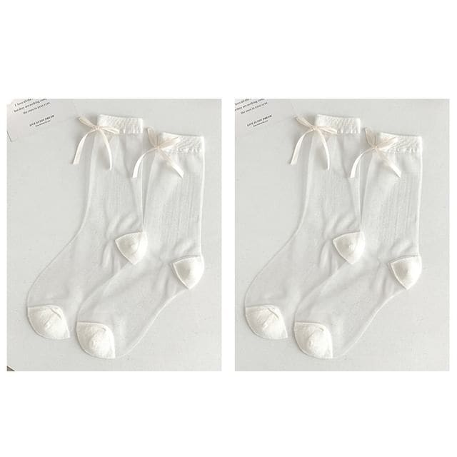 Bow Accent Mesh Socks Set - Set Of 2 Pairs - White