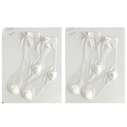 Bow Accent Mesh Socks Set - Set Of 2 Pairs - White