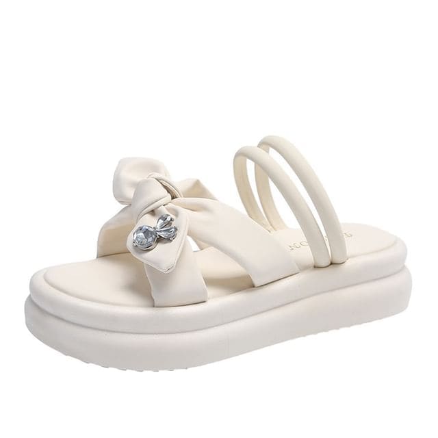 Bow Accent Rhinestone Platform Sandals - Off-White / 35