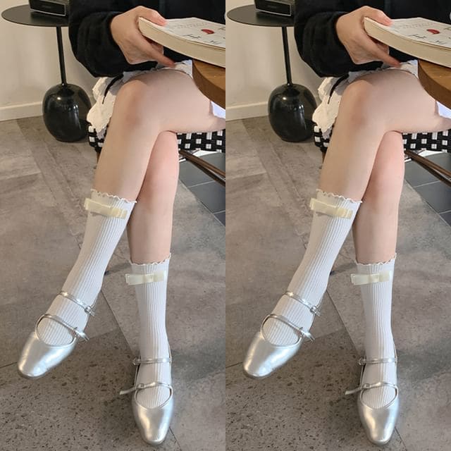 Bow Accent Socks / Set - 2 Pair - White / One Size