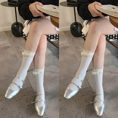 Bow Accent Socks / Set - 2 Pair - White / One Size