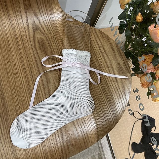 Bow Balletcore Lace Socks - White - Pink Ribbon / One Size