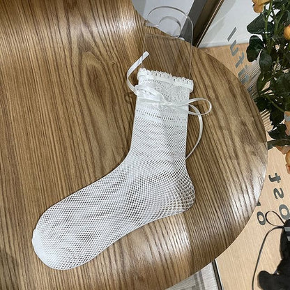 Bow Balletcore Lace Socks - White - White Ribbon / One Size