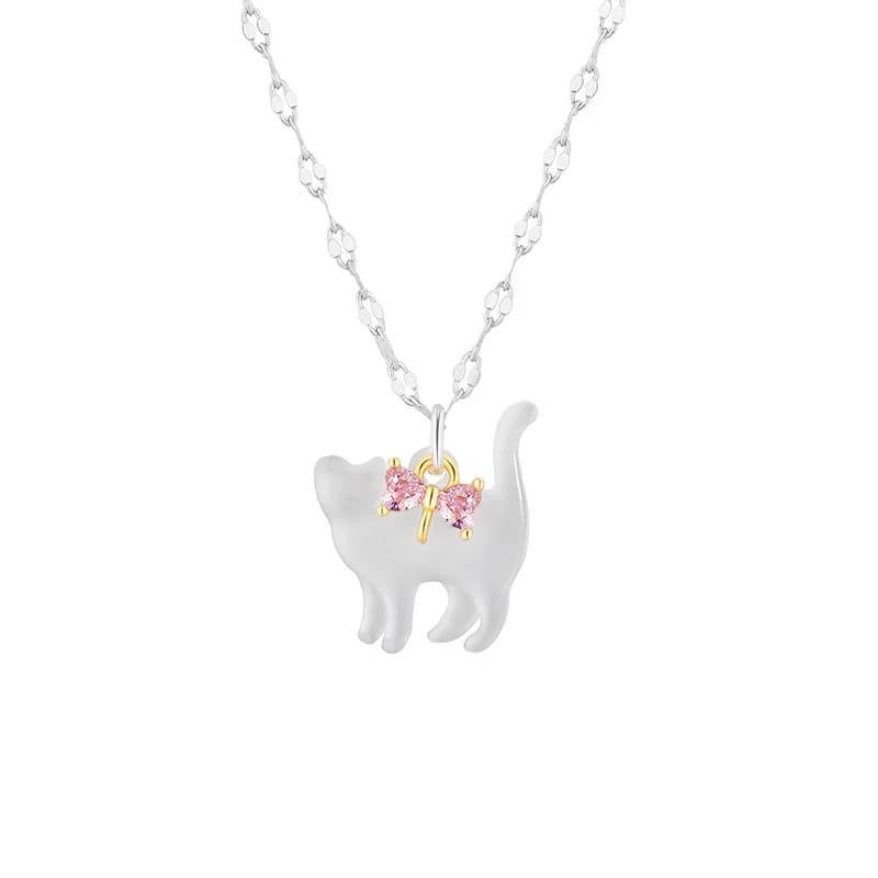 Bow Cat Pendant Necklace - Lovesickdoe - Pink