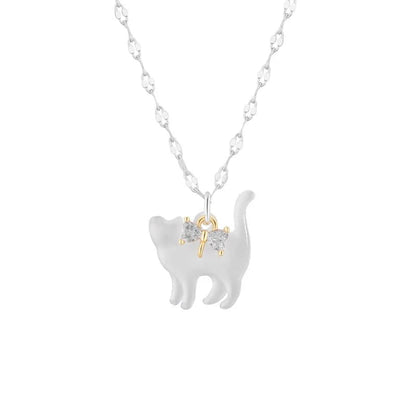 Bow Cat Pendant Necklace - Lovesickdoe - White