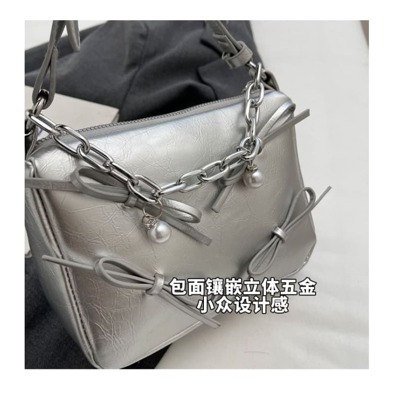 Bow Chain Detail Faux Leather Crossbody Bag