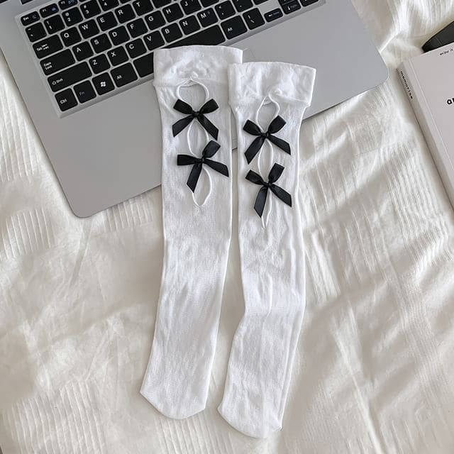 Bow Cutout Mesh Knee High Socks - Black Bow - White