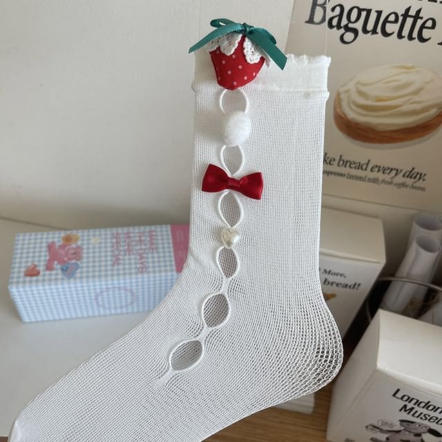 Bow Cutout Mesh Socks - Red Strawberry - White / One Size