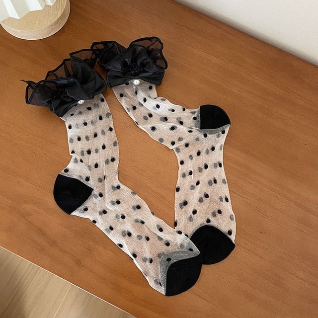 Bow Dotted Mesh Socks - Black / One Size