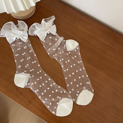 Bow Dotted Mesh Socks - White / One Size