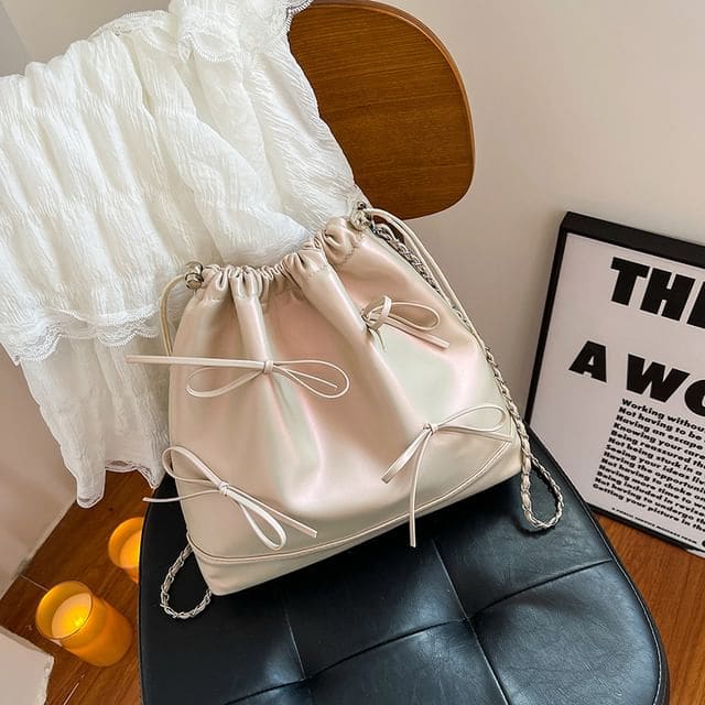 Bow Drawstring Chain Backpack - Pink / S