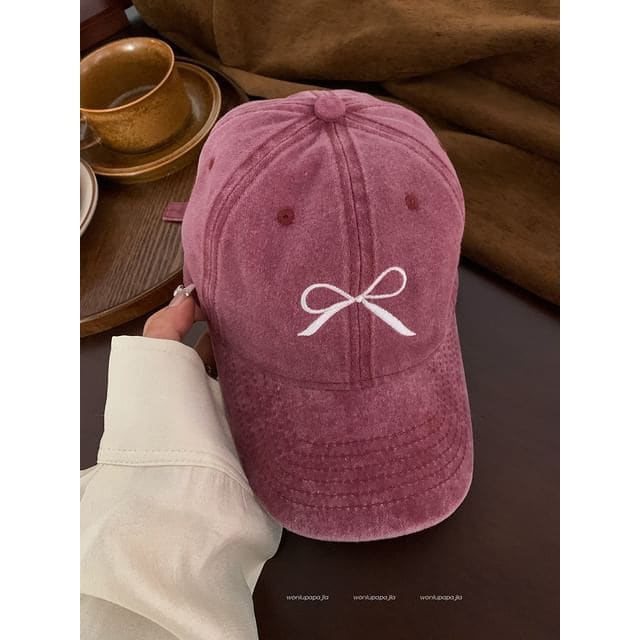 Bow Embroidered Baseball Cap - Fuchsia / One Size