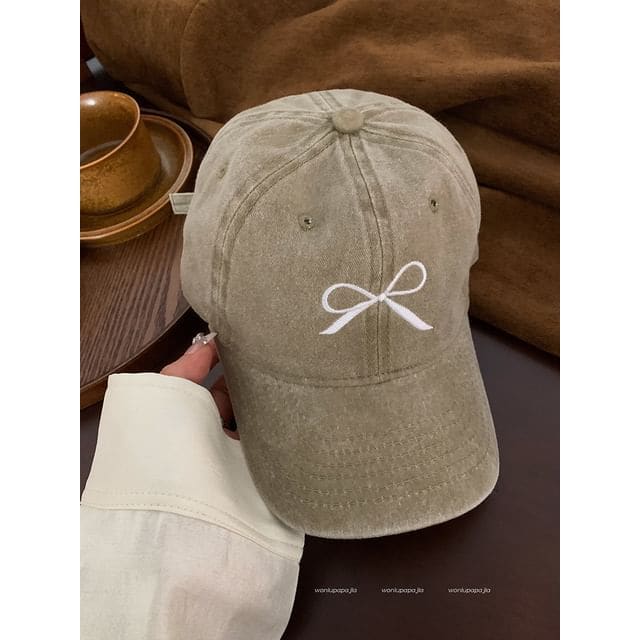 Bow Embroidered Baseball Cap - Khaki / One Size