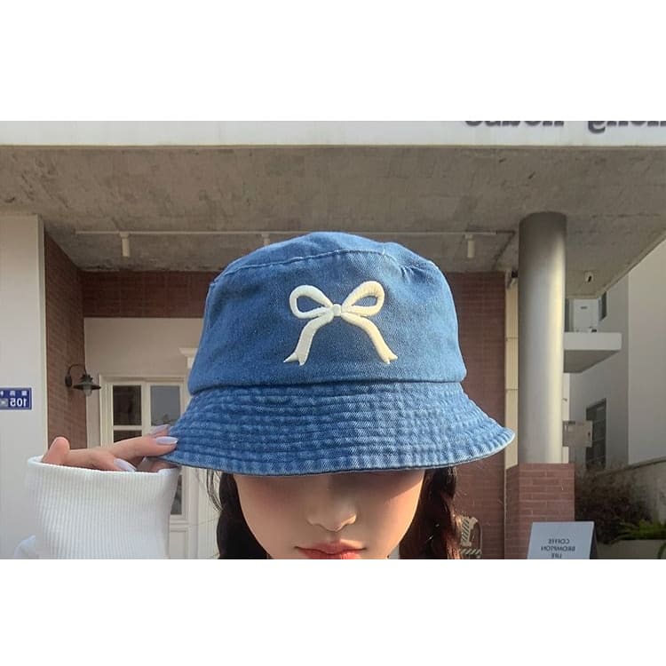 Bow Embroidered Denim Bucket Hat