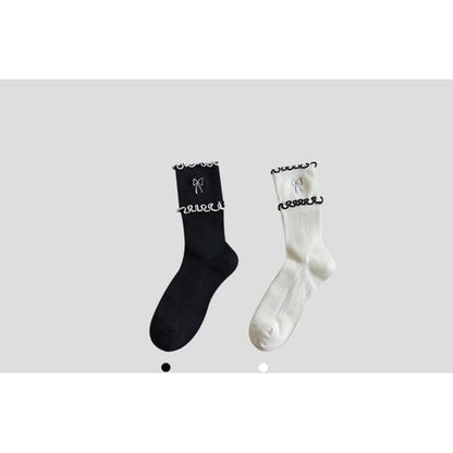 Bow Embroidered Frill Short Socks / Set - Black & White