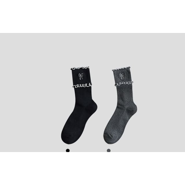 Bow Embroidered Frill Short Socks / Set - Set of 2 Pairs