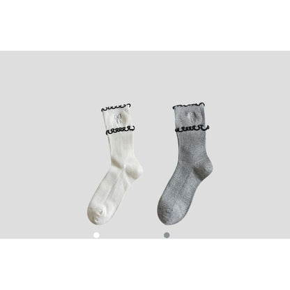 Bow Embroidered Frill Short Socks / Set - Set of 2 Pairs