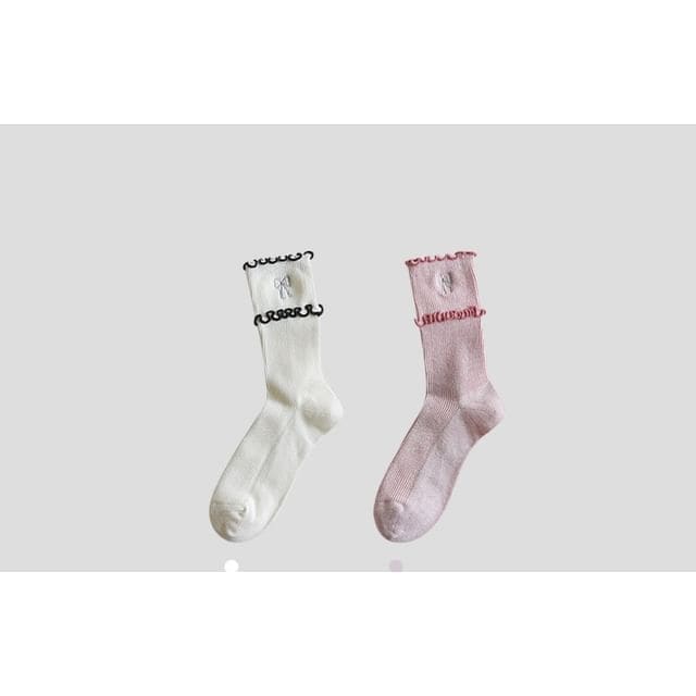 Bow Embroidered Frill Short Socks / Set - Set of 2 Pairs