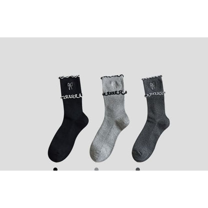 Bow Embroidered Frill Short Socks / Set - Set of 3 Pairs