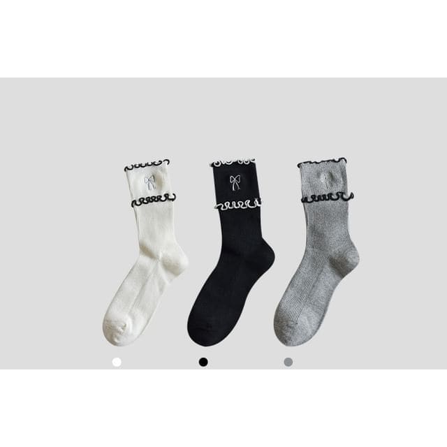 Bow Embroidered Frill Short Socks / Set - Set of 3 Pairs