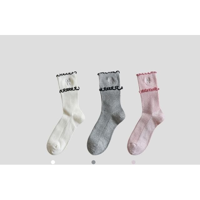 Bow Embroidered Frill Short Socks / Set - Set of 3 Pairs