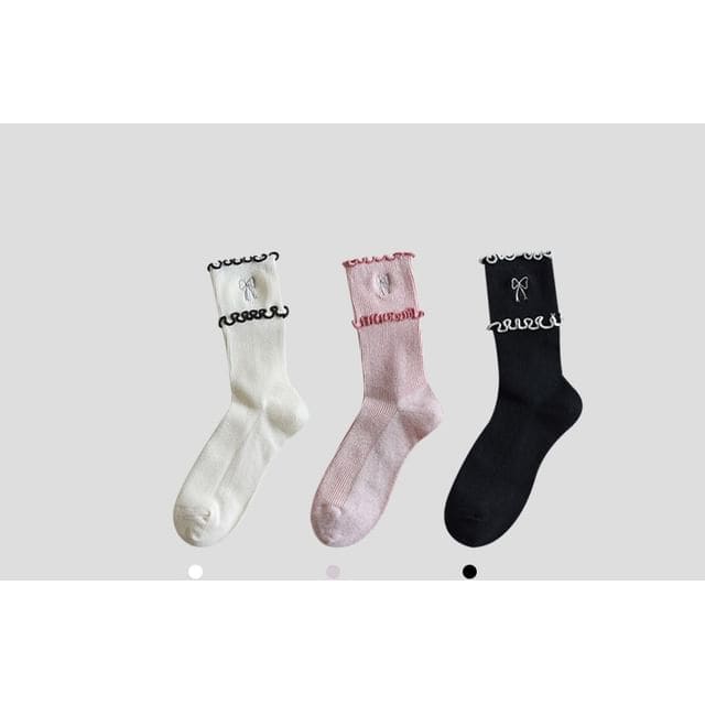 Bow Embroidered Frill Short Socks / Set - Set of 3 Pairs