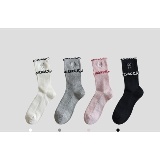 Bow Embroidered Frill Short Socks / Set - Set of 4 Pairs