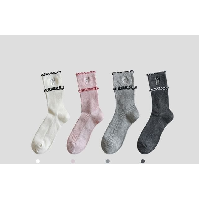 Bow Embroidered Frill Short Socks / Set - Set of 4 Pairs