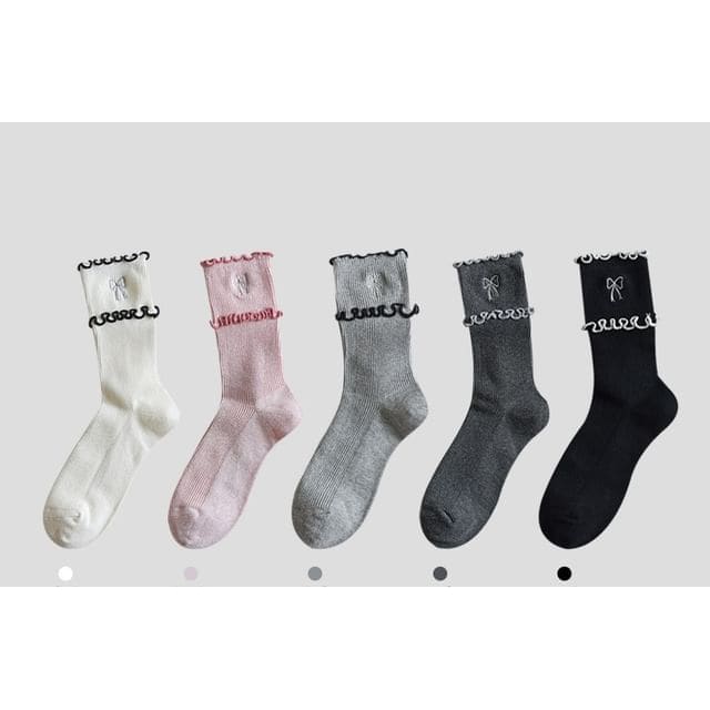 Bow Embroidered Frill Short Socks / Set - Set of 5 Pairs