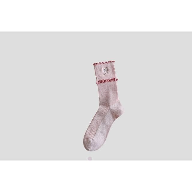 Bow Embroidered Frill Short Socks / Set - Pink / One Size